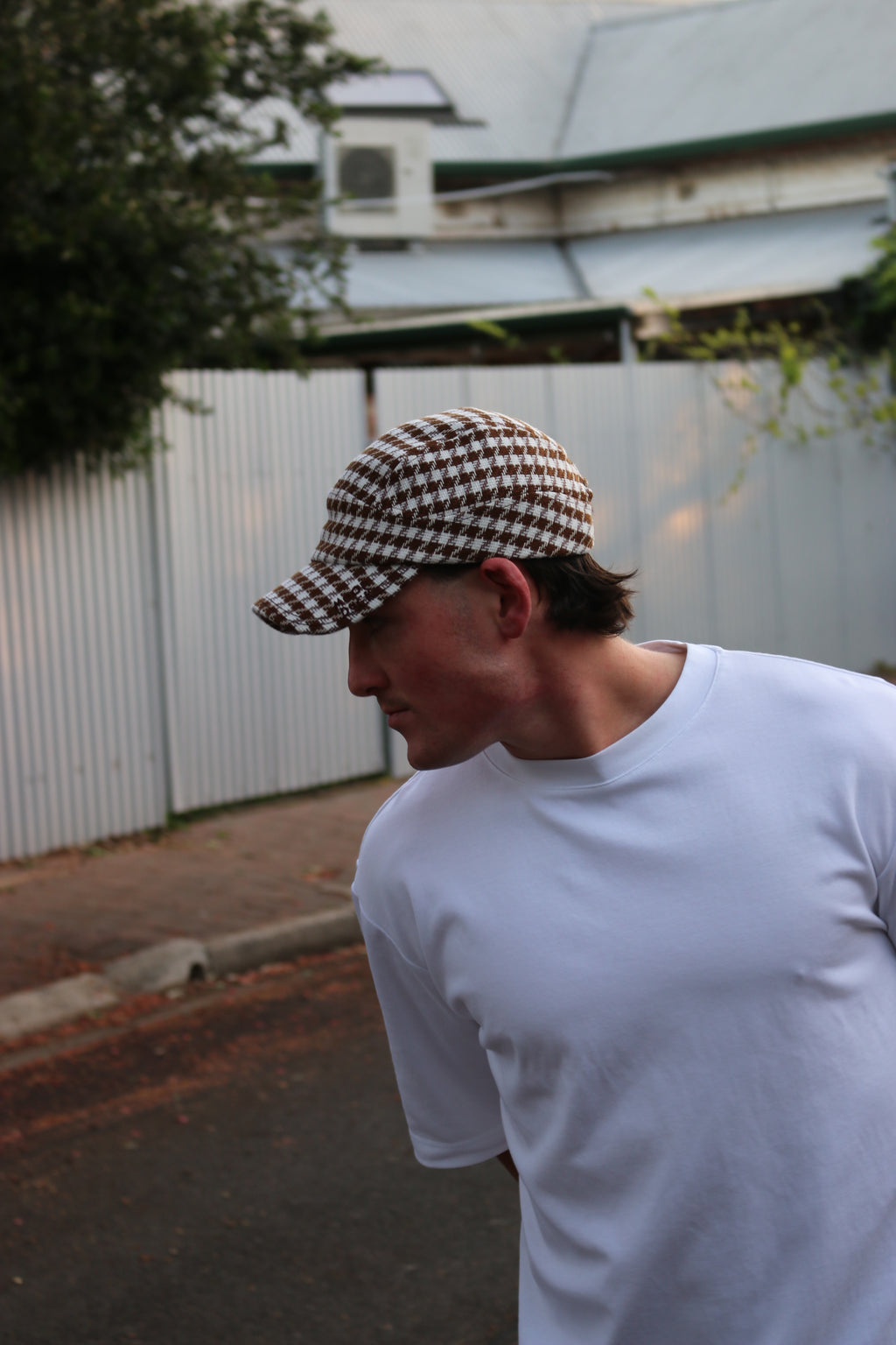 Brown/ White Check Hat