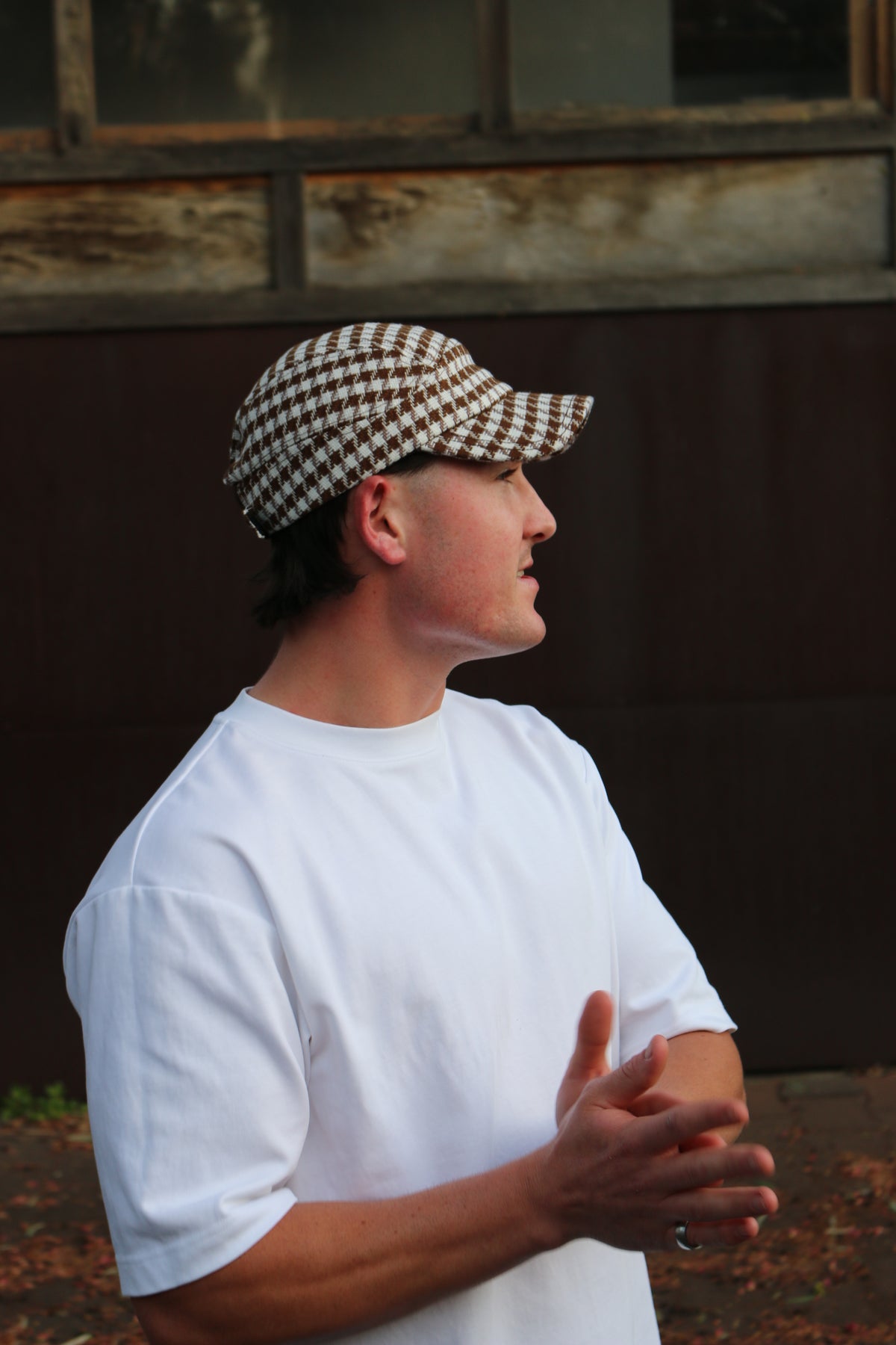 Brown/ White Check Hat